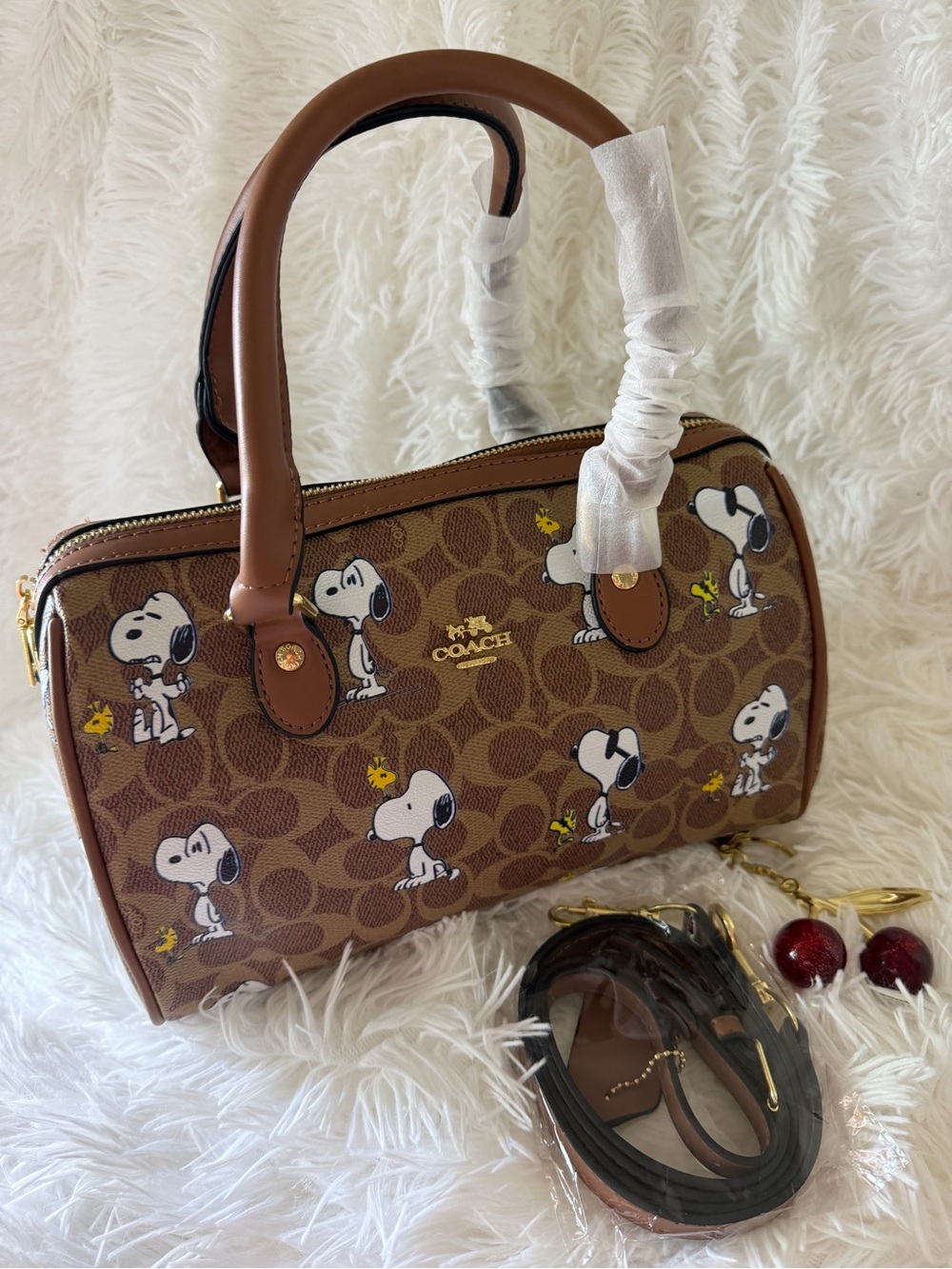 Fashion Bag!!Fall Brown Character Print Satchel Bag with Cherry Charm